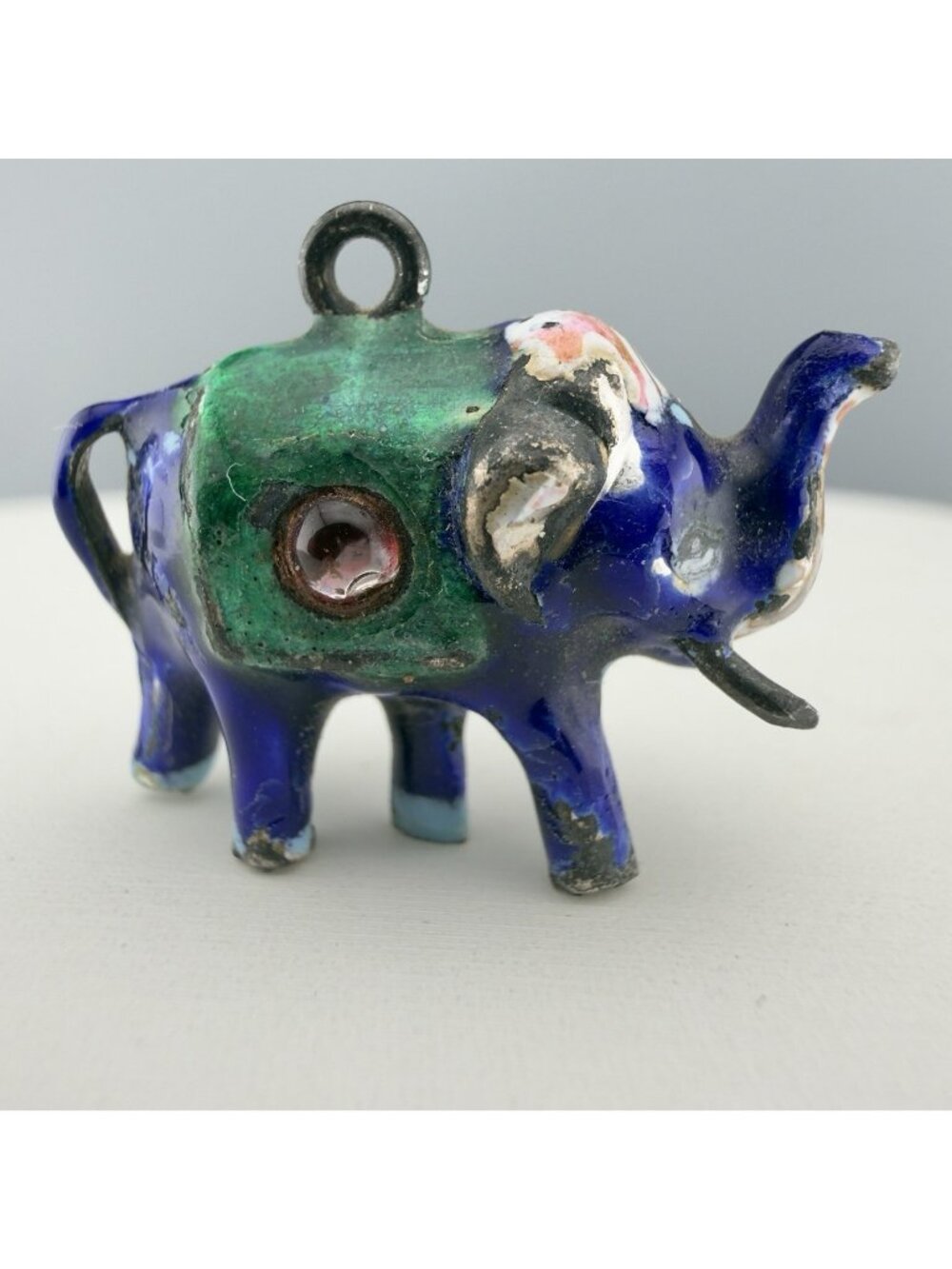 Vintage Enamel Over Silver Elephant Pendant Trunk Up Good Luck Meenakari
